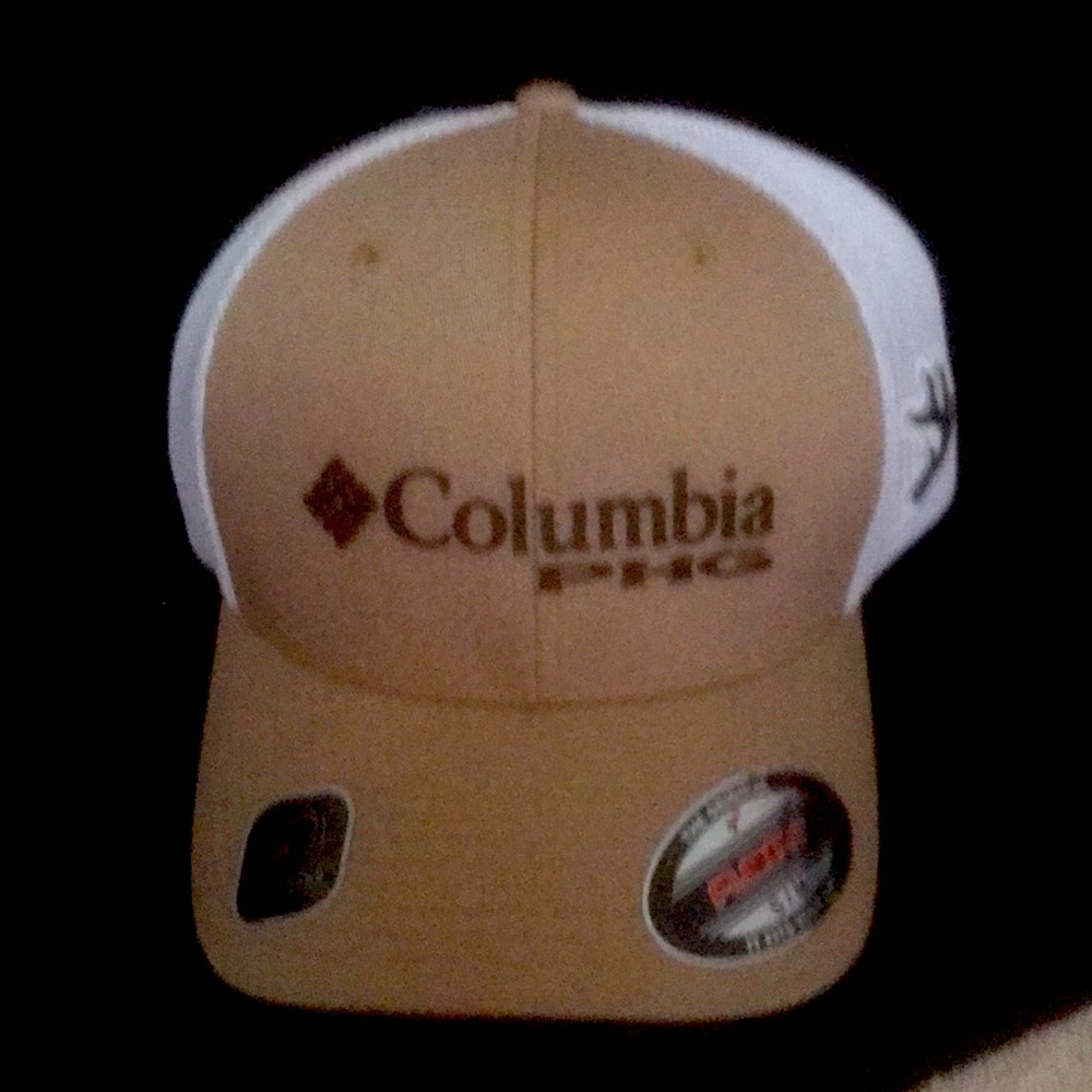 Tan Columbia hat size small white mess back brand high crown flex fit